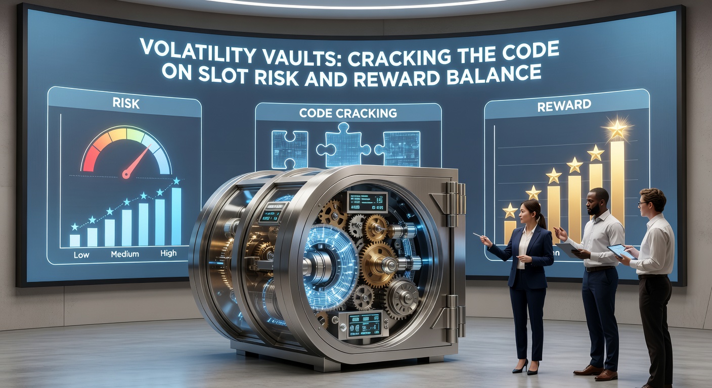 Detaillierte Infografik zur Volatilitätskurve in Slots, mit Vault-Stufen, RTP-Grafiken und Risiko-Belohnungs-Matrizen